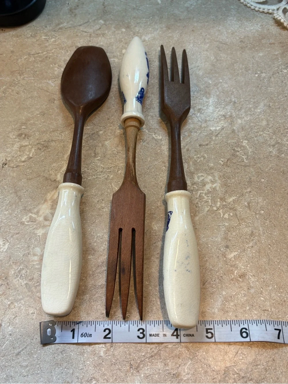Vintage Blue & White Porcelain Handle Wooden Serving Utensils 3Pc